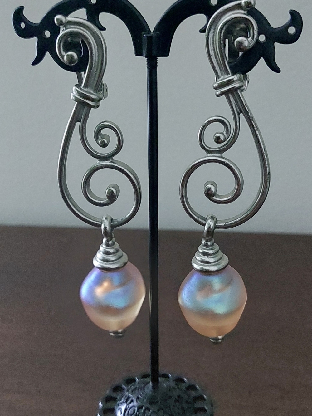 Ben-Amun Signed Irridescent Pink Scroll Clip Earrings